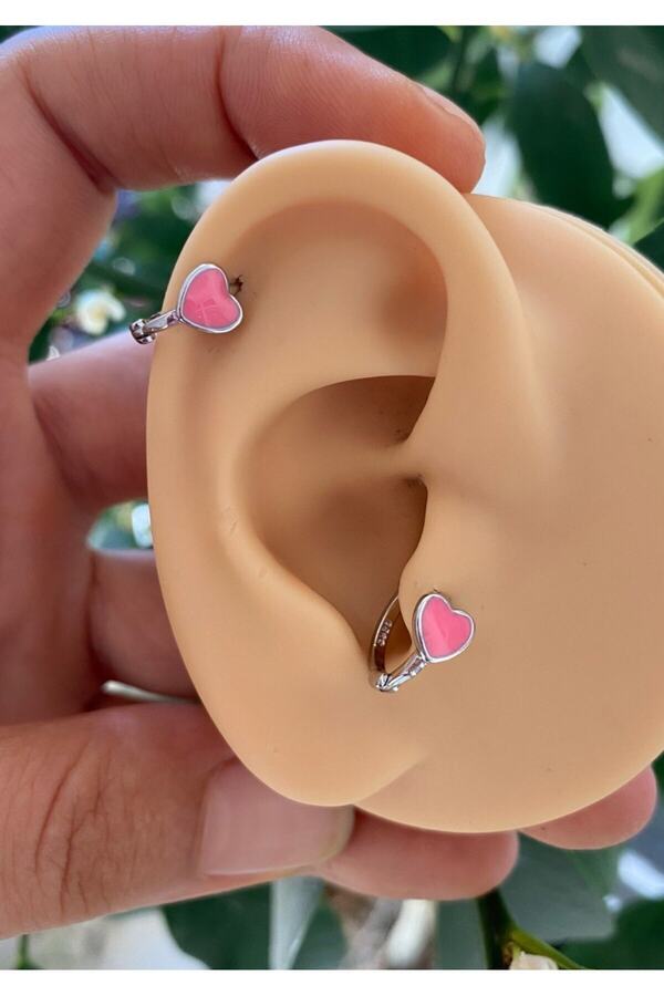 PEMBE KALP FİGÜRLÜ TRAGUS HELİX LOBE UYUMLU MİNİ HALKA PİERCİNG KÜPE