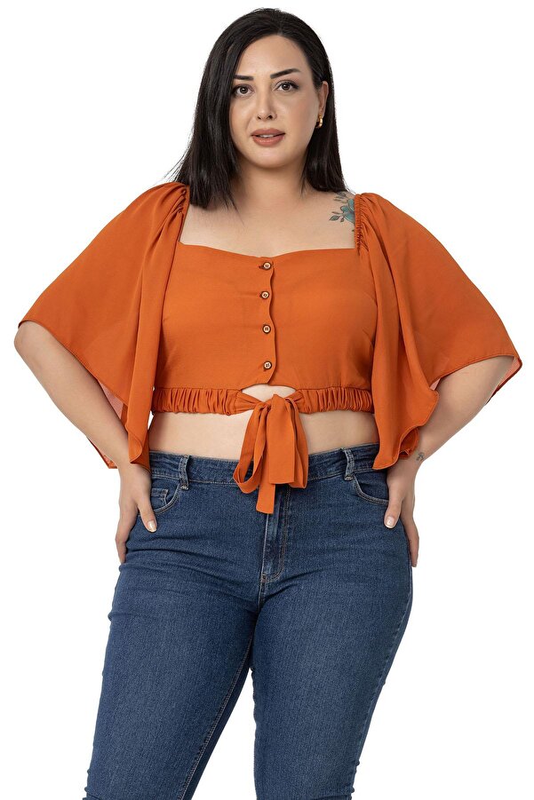 Wide Sleeve Waist Elastic & Shirred Cropped Blouse — Brick