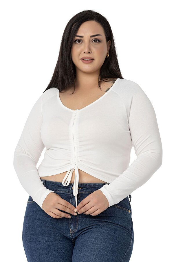 Front Drawstring Shirred Long Sleeve Viscose Blouse — Ecru
