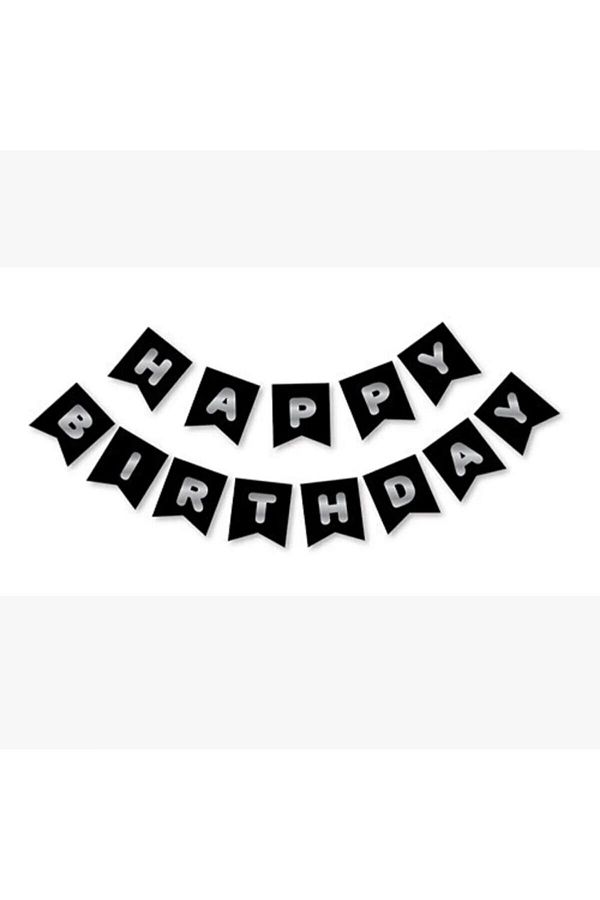 Siyah Üstüne Gümüş Yaldızlı Happy Birthday Banner Yazı Doğumgünü