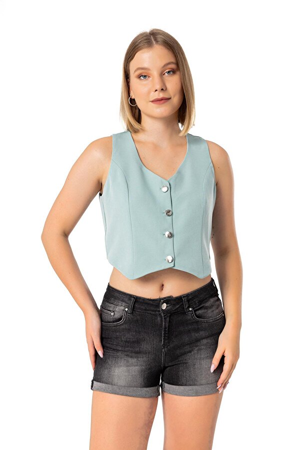 Buttoned V-neck Lined Short Vest — Mint
