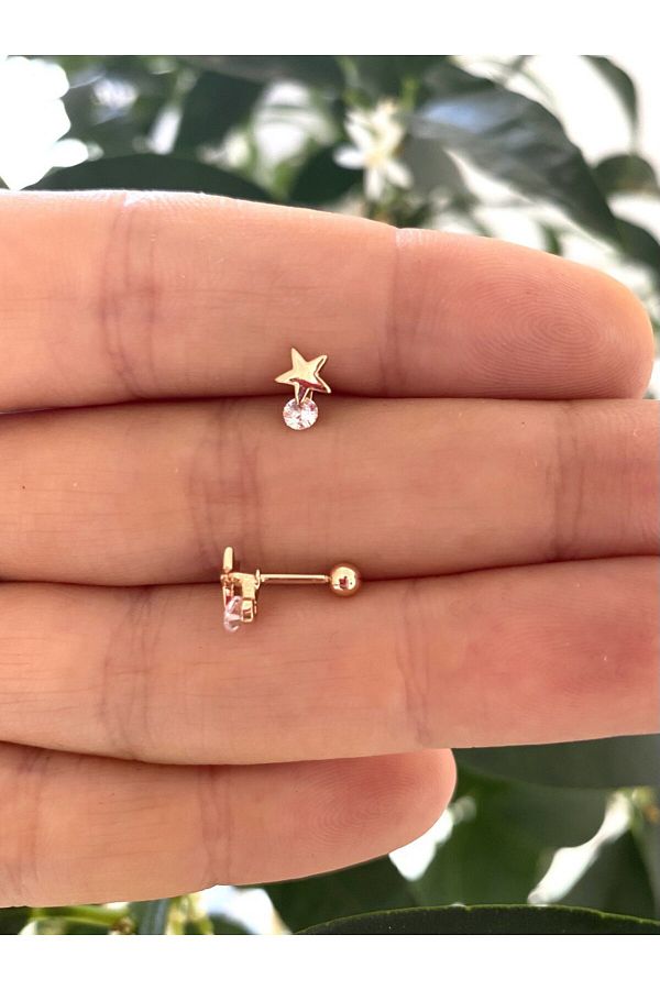 çelik zirkon taşlı yıldız tragus helix kıkırdak kulak memesi uyumlu piercing küpe