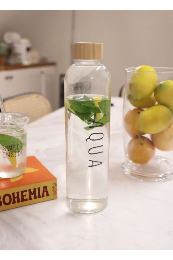 Bambu Kapaklı Borosilikat Cam Su Şişesi 1000 ml