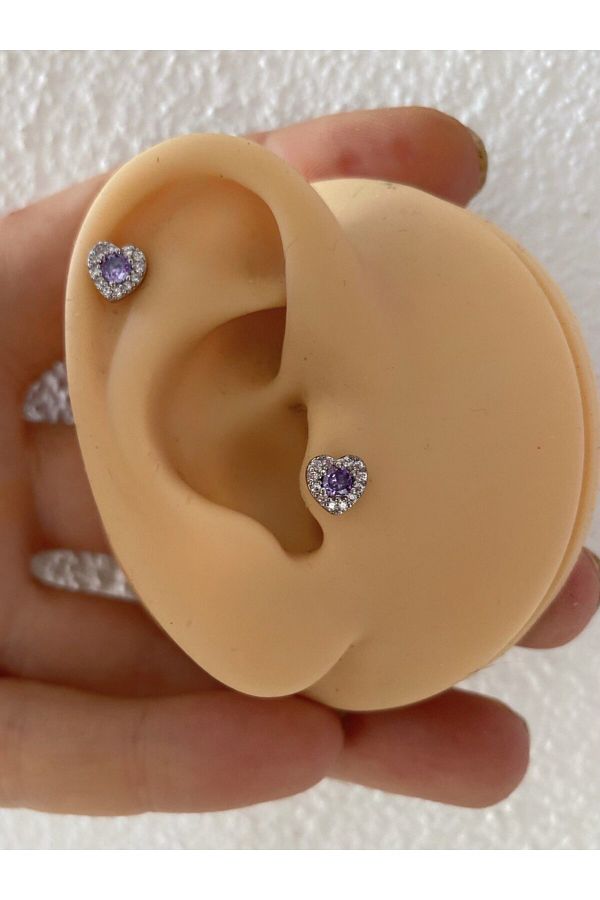 çelik zirkon taşlı kalpli tragus helix kıkırdak kulak memesi uyumlu piercing küpe