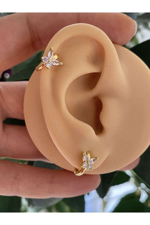zirkon taşlı kelebek model kıkırdak helix kulak memesi uyumlu piercing küpe