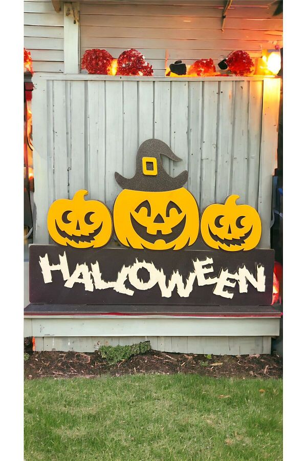 Halloween Ahşap Dekor Süsü 3'lü Balkabağı Model Masa Üzeri Happy Halloween Dekor Süs 30 Cm