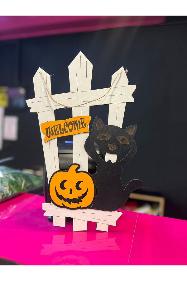 Halloween Ahşap Dekor Duvar Süsü Kedili Model Halloween Cadılar Bayramı Dekor Asma Süs