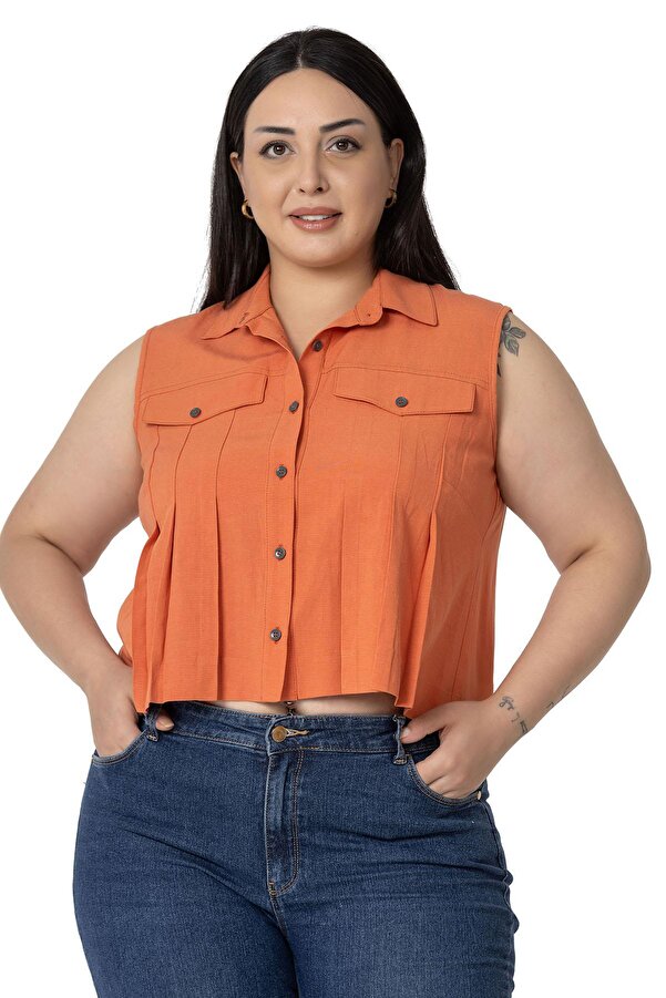 Front Pleated Decorative with Pockets Short Shirt — Cinnamon