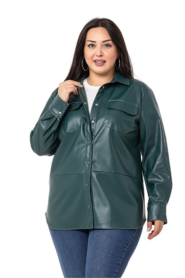 Contrast Stitched Popper Fastened Leather-look Shirt — Khaki
