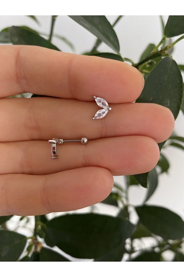 ÇELİK ZİRKON TAŞLI TRAGUS HELİX KIKIRDAK CONCH KULAK MEMESİ UYUMLU PİERCİNG KÜPE