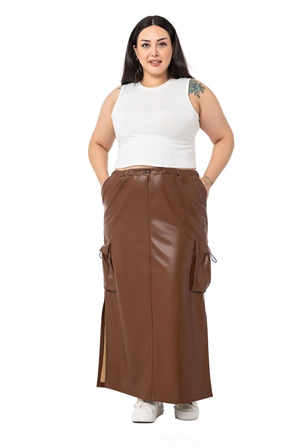 Waist & Pockets Shirred Slit-detail Long Leather-look Skirt — Brown