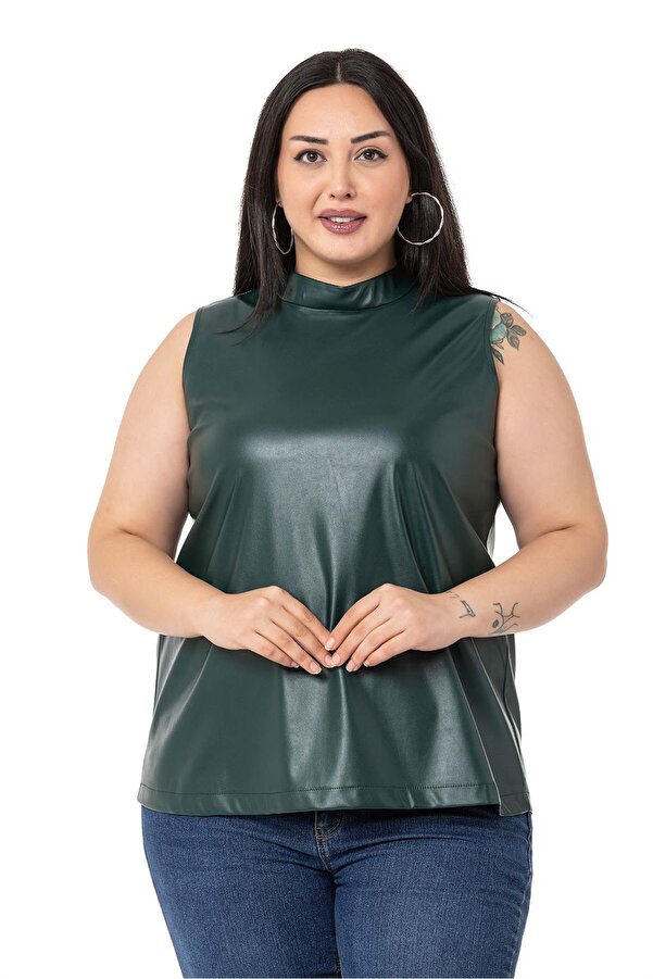 High Neck Sleeveless Leather-look Blouse &mdash; Khaki