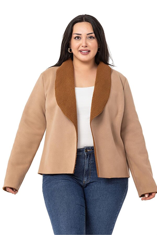 Shawl Collar Inner Faux-fur Short Suede-look Jacket — Mink
