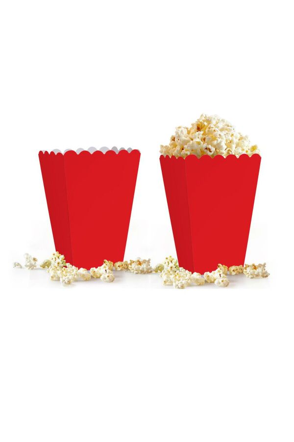 Popcorn Kutusu Karton Düz Renkli Cips Mısır Kutusu 8 Adet Kırmızı