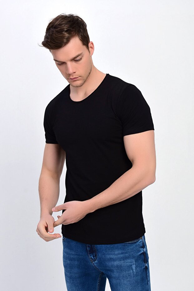 Ανδρικό μπλουζάκι Black Plus Size Crew Neck Lycra Basic - 3