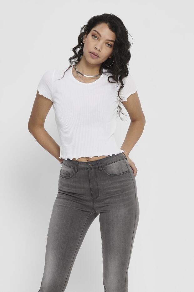 Women's White Short Sleeve Ruffle Crop T-Shirt 15201206 ONLEMMA