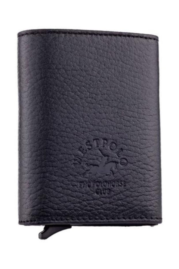 Black Leather Mechanismed Men's Wallet with Money Compartment Card Holder W22045540