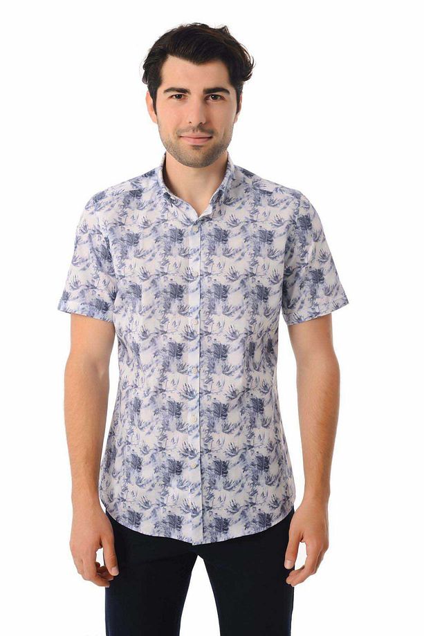 Lacivert Slim Fit Baskılı 100% Pamuk Kısa Kol Spor Gömlek - 1