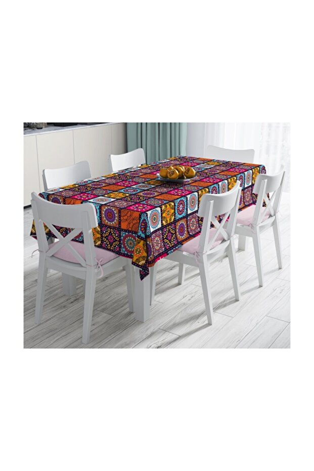 Checkered Ethnic Patterned Special Design Stain Resistant Tablecloth-140x220 Cm