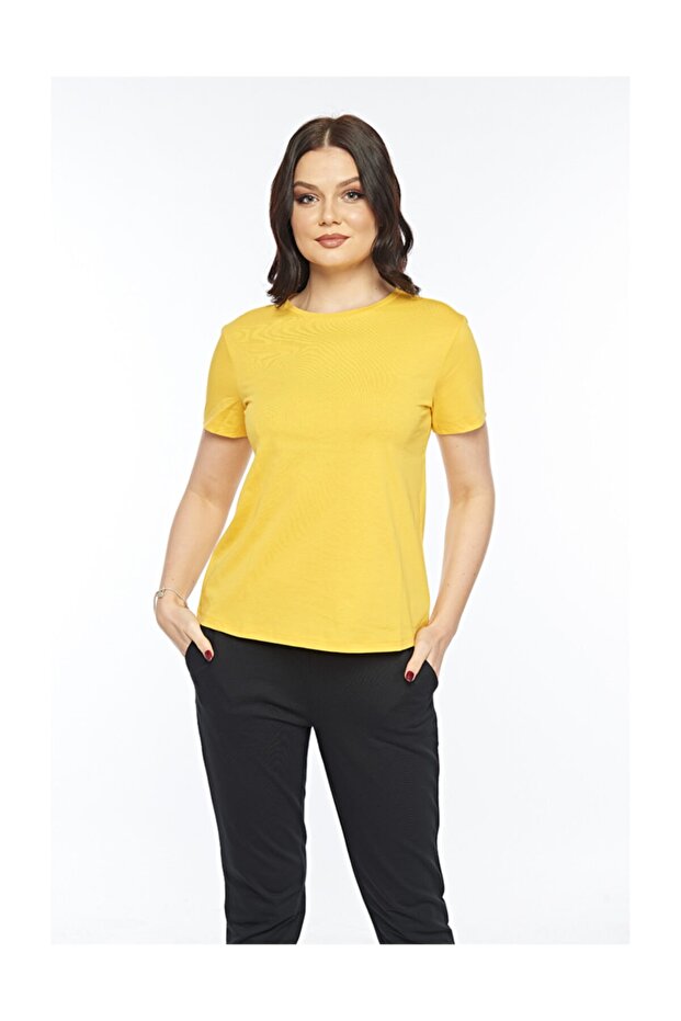 Yellow Knitted Fabric Crew Neck T-Shirt