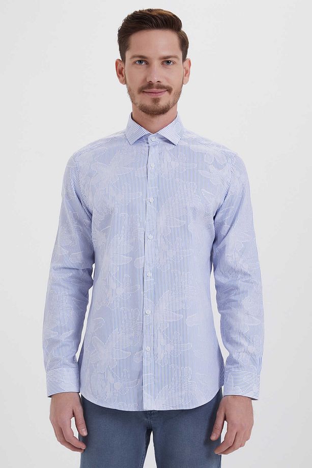 Mavi Slim Fit Desenli 100% Pamuk Uzun Kol Klasik Gömlek - 1