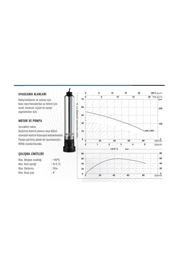 Derin Kuyu Dalgıç Pompa Seti Ds5.1-56/7 Kalem Dalgıç 1hp 0.75kw 4'' 50mt Dik Basar Panolu - 4