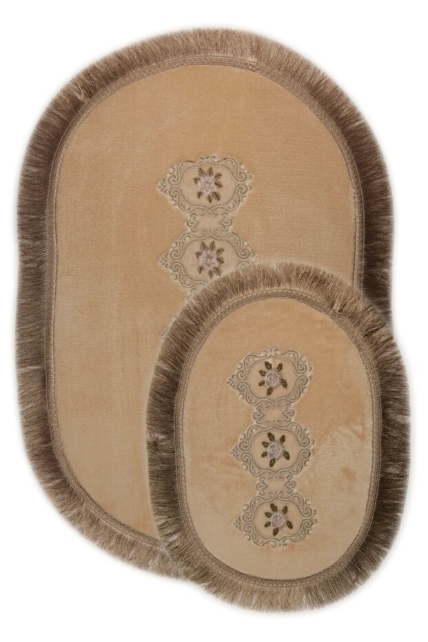 Shems Mink 2-Piece Lace and Fringed Toilet Seat Set Bathroom Rug Mat Set
