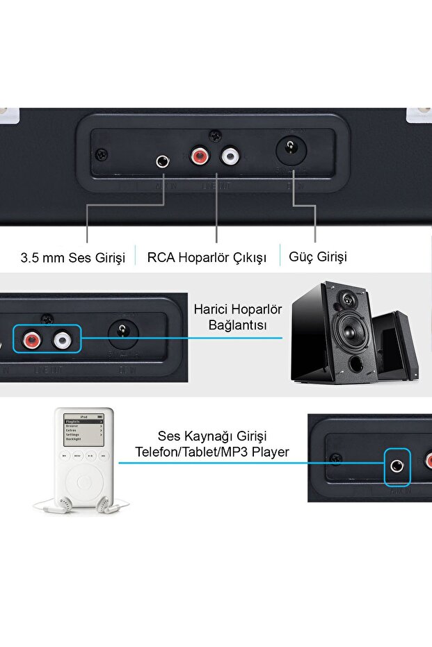 T317ub Pikap Plak Çalar - Siyah - Bluetooth, Şarjlı - 33, 45, 78 Devir - Universal Iğneli - 5