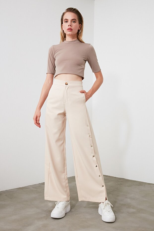 Taş Wide Leg/Geniş Paça Yanları Düğmeli Dokuma Kumaş Pantolon TWOSS20PL0398 - 6