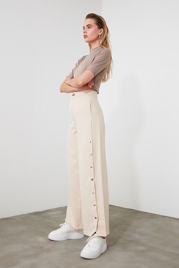 Taş Wide Leg/Geniş Paça Yanları Düğmeli Dokuma Kumaş Pantolon TWOSS20PL0398 - 7
