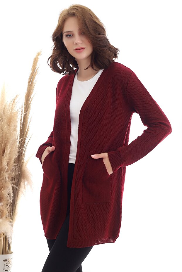 Women's Burgundy Kangaroo Pocket Knit Cardigan