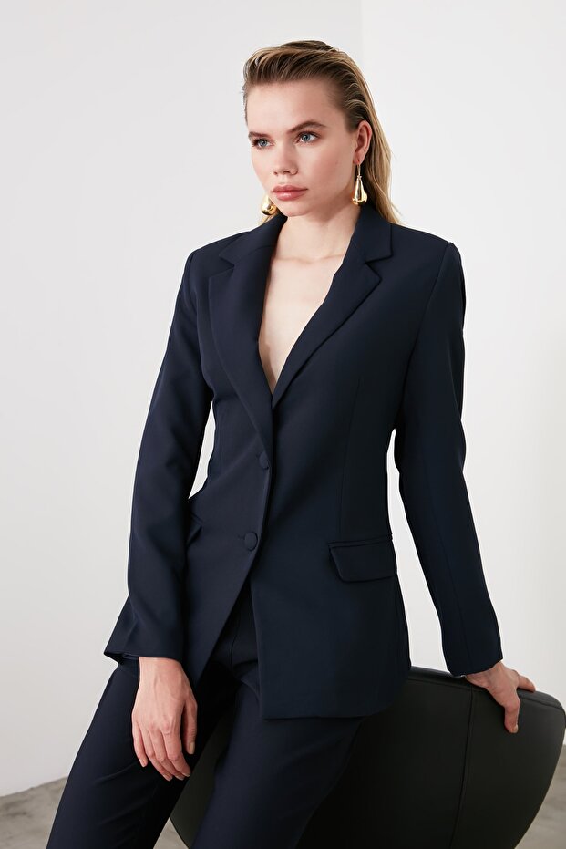 Lacivert Regular Astarlı Dokuma Blazer Ceket TWOSS20CE0126 - 14