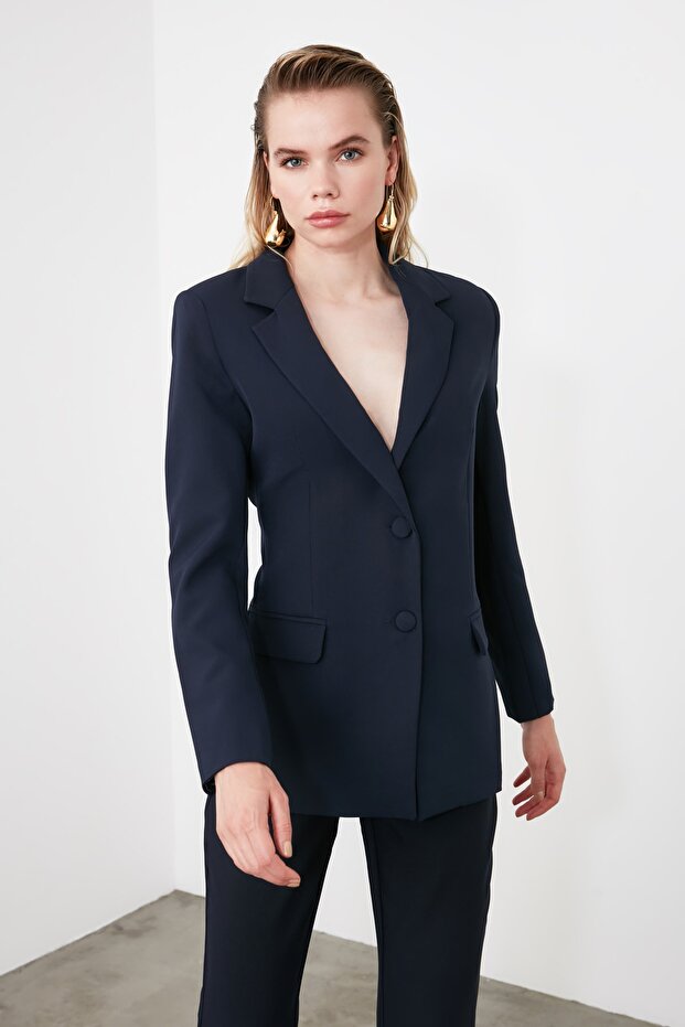 Lacivert Regular Astarlı Dokuma Blazer Ceket TWOSS20CE0126 - 15