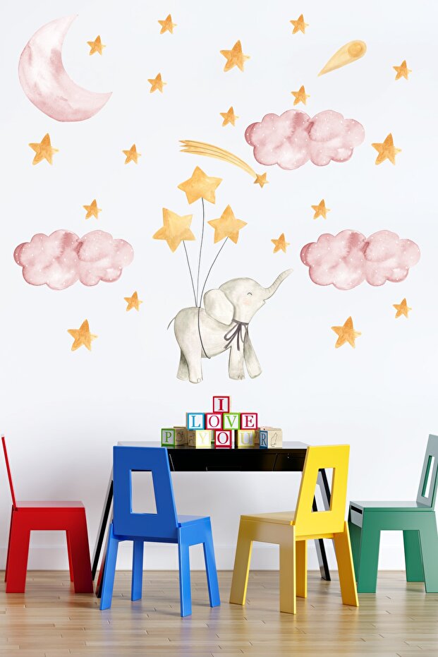 Cute Flying Elephant, Stars Pink Clouds Kids Room Sticker