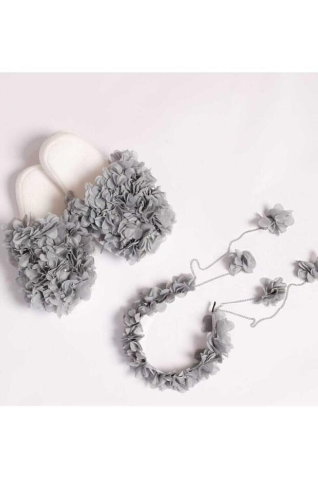 Women's Gray Chiffon Floral Slippers Crown Set