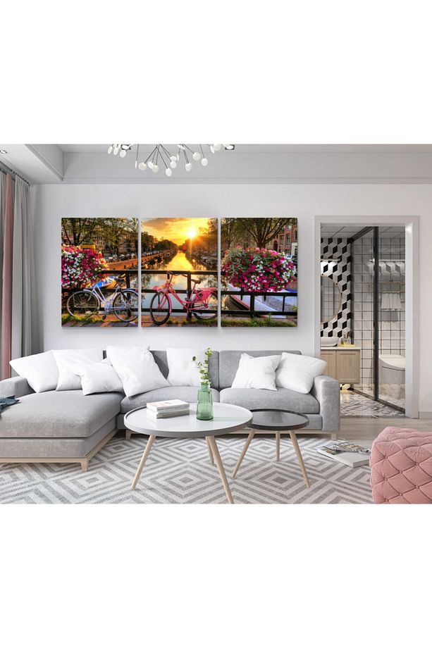 Bisiklet Ve Çiçekli Manzara Amsterdam Resimli Kanvas Tablo 40x80-40x80-40x80 - 3