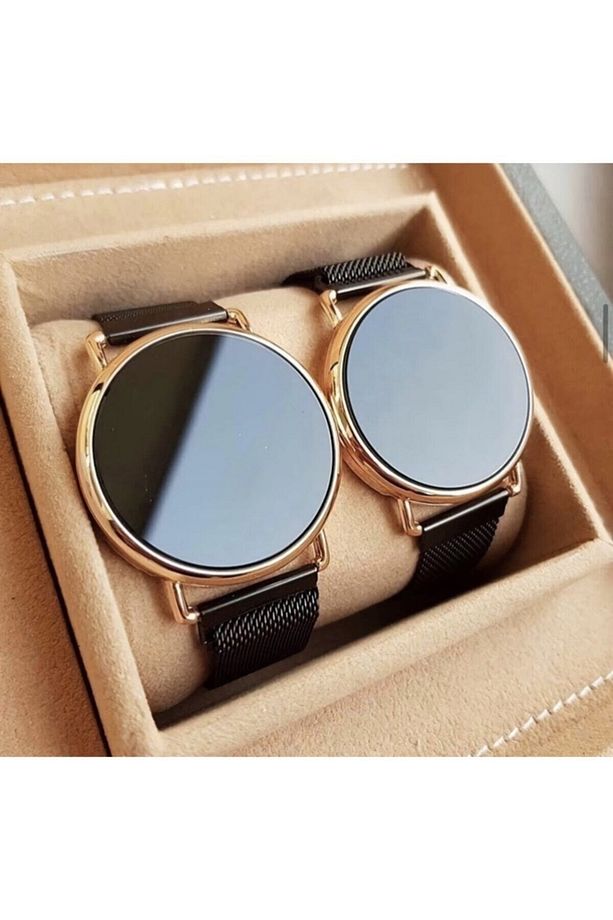 Dijital Dokunmatik Ekran Rose Gold Kasa Mıknatıslı Hasır Kordon Çift Saati - 1