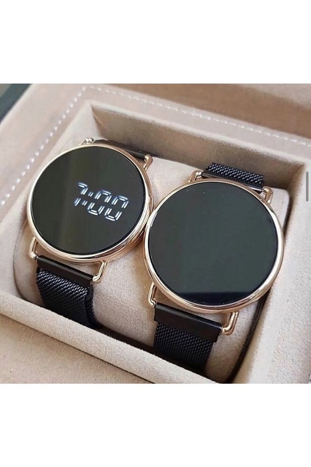 Dijital Dokunmatik Ekran Rose Gold Kasa Mıknatıslı Hasır Kordon Çift Saati - 3