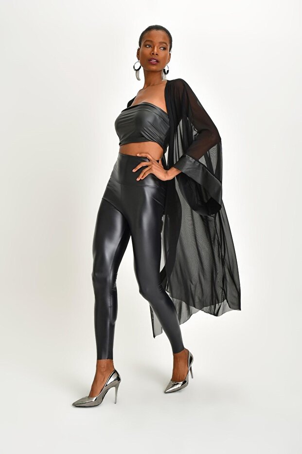 Deri Deyatlı Tül Hırka - 3