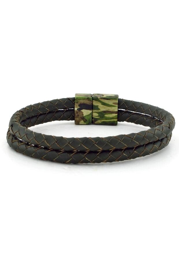 Military Camouflage Metal Magnet Green Leather Men's Bracelet Bt648