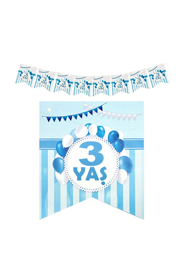 3 Year Old Written Pennant Flag Row Wall Decoration Blue