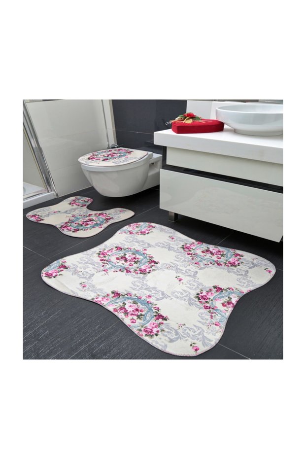 Domestic Production Butterfly Model Floral 3-Piece Toilet Set 50x60 and 80x90 cm