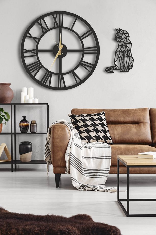 Dekoratif Siyah Duvar Saati 50cm + Yapraklı Tablo - 1