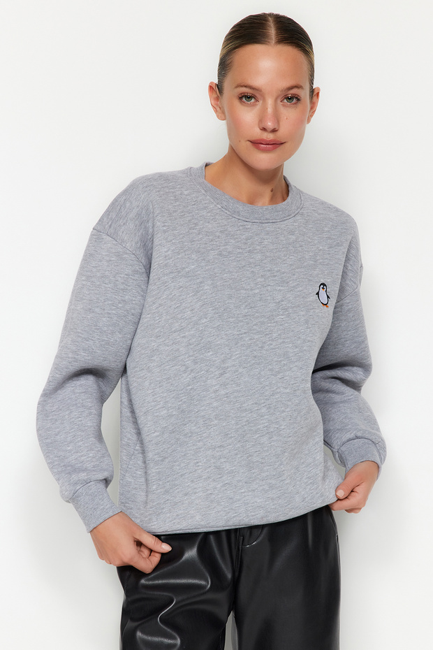 Gri Animal Nakışlı Regular/Normal Kalıp Kalın İçi Polarlı Örme Sweatshirt TWOAW24SW00196 - 2