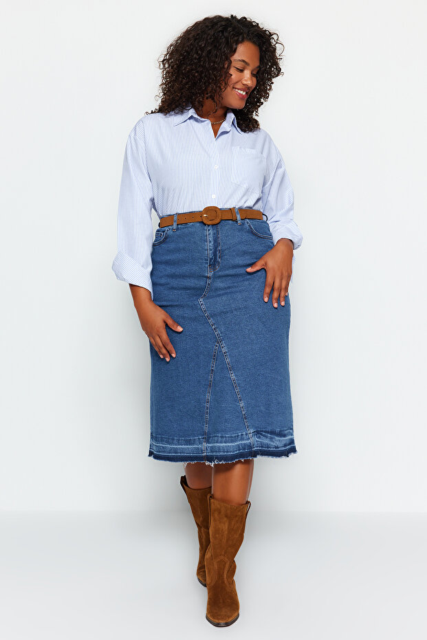 Mavi Renk Bloklu Denim Etek TBBAW24AZ00025 - 8