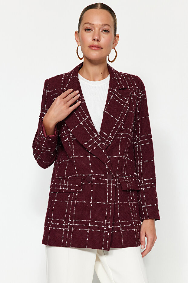 Bordo Oversize Dokuma Ekose Blazer Ceket TWOAW21CE0105 - 1