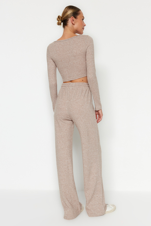 Beżowy zestaw z krótkimi i szerokimi nogawkami/szerokimi nogawkami Yumoş, dzianinowy dół i góra TWOAW23AU00125 - 6