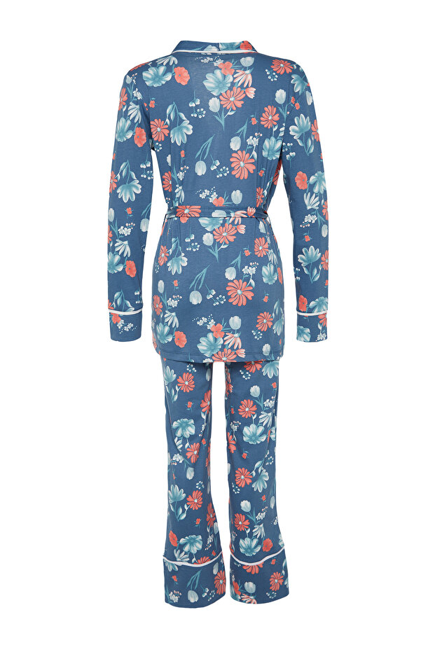 Mavi %100 Pamuklu Çiçek Desenli Kruvaze Gömlek-Pantolon Örme Pijama Takımı THMAW21PT0584 - 9