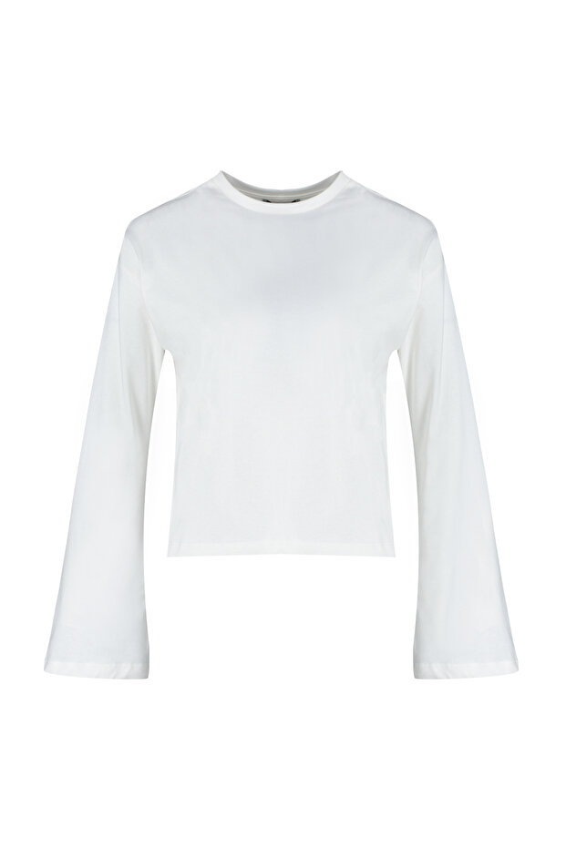 Ekru İspanyol Kol Bisiklet Yaka Regular/Normal Kalıp Örme T-Shirt TWOAW24TS00008 - 6