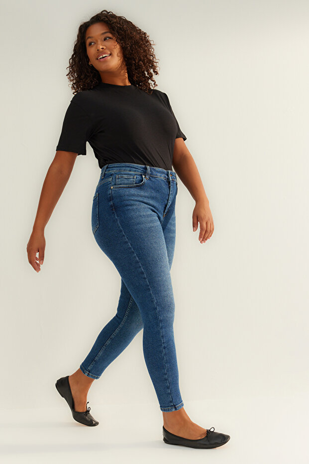 More Sustainable Lacivert Yüksek Bel Esnek Büyük Beden Skinny Jeans TBBAW24CJ00048 - 5